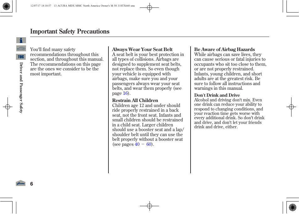 Important safety precautions | Acura 2013 MDX User Manual | Page 11 / 616