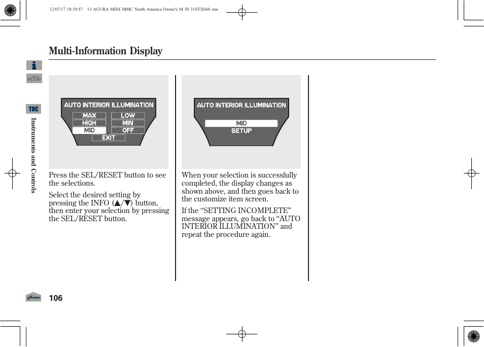 Multi-information display | Acura 2013 MDX User Manual | Page 111 / 616