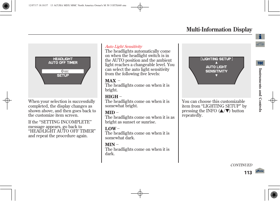 Multi-information display | Acura 2013 MDX User Manual | Page 118 / 616