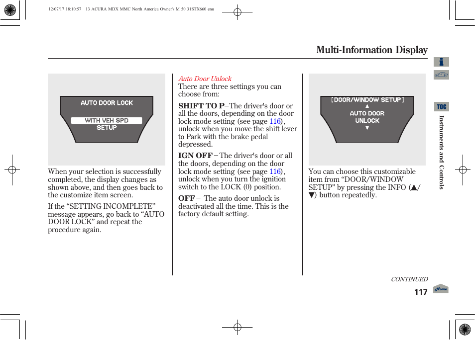 Multi-information display | Acura 2013 MDX User Manual | Page 122 / 616