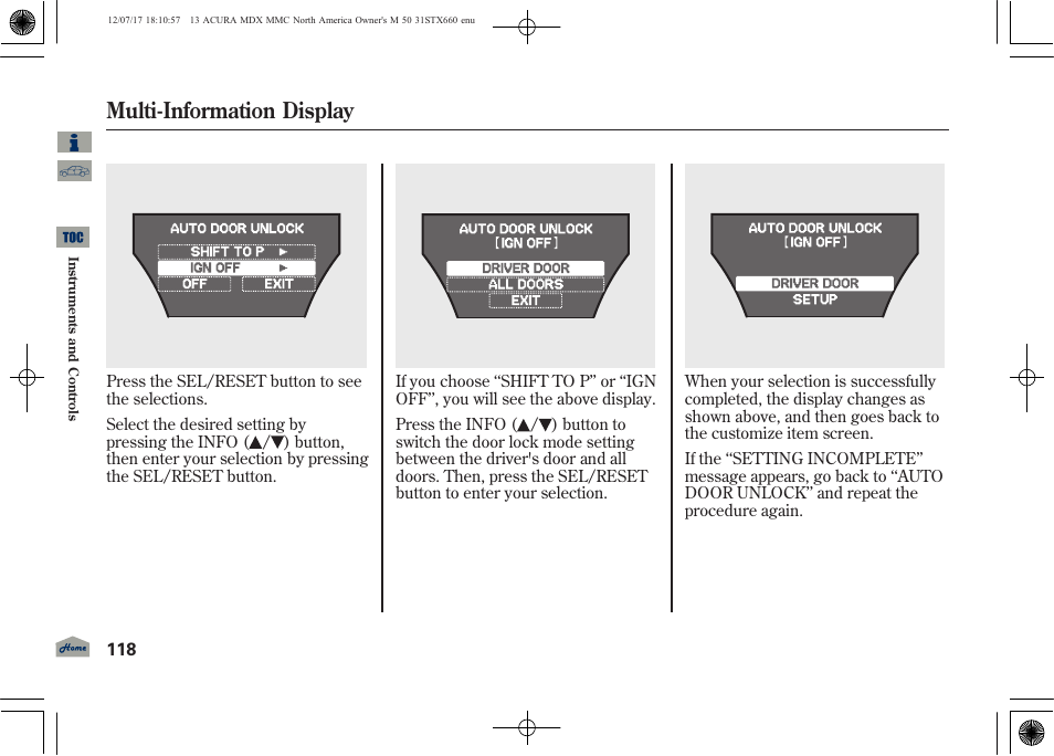 Multi-information display | Acura 2013 MDX User Manual | Page 123 / 616