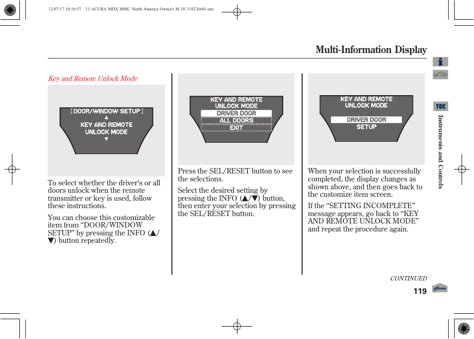 Multi-information display | Acura 2013 MDX User Manual | Page 124 / 616