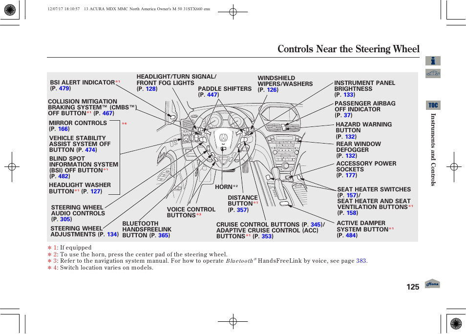 Controls near the steering wheel, 2013 mdx | Acura 2013 MDX User Manual | Page 130 / 616