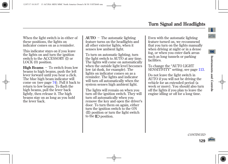 Turn signal and headlights | Acura 2013 MDX User Manual | Page 134 / 616