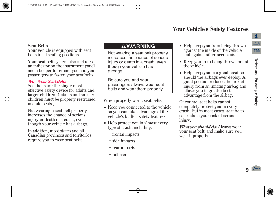 Your vehicle's safety features, 2013 mdx | Acura 2013 MDX User Manual | Page 14 / 616