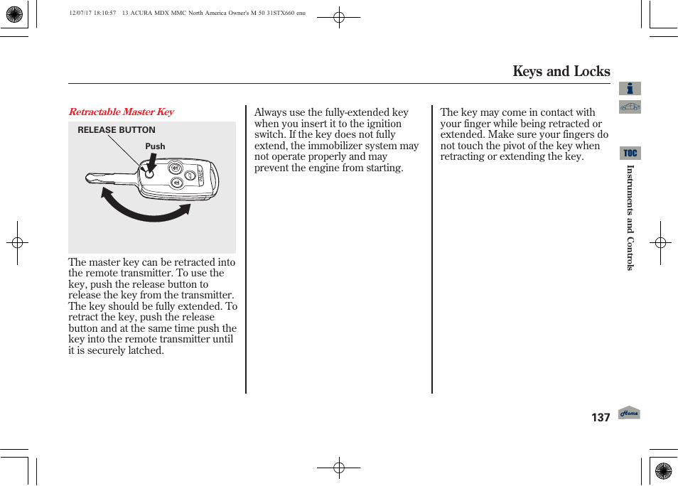 Keys and locks | Acura 2013 MDX User Manual | Page 142 / 616