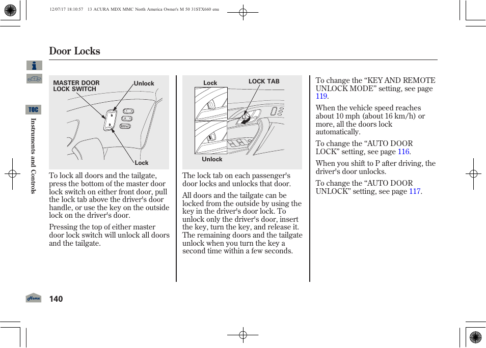 Door locks | Acura 2013 MDX User Manual | Page 145 / 616