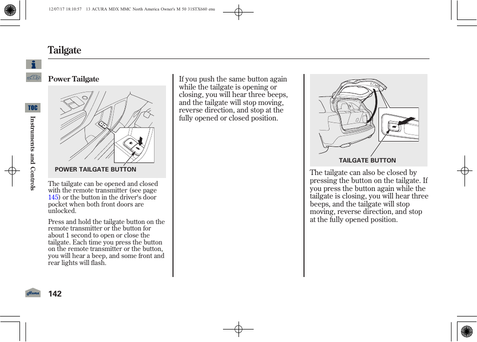 Tailgate | Acura 2013 MDX User Manual | Page 147 / 616