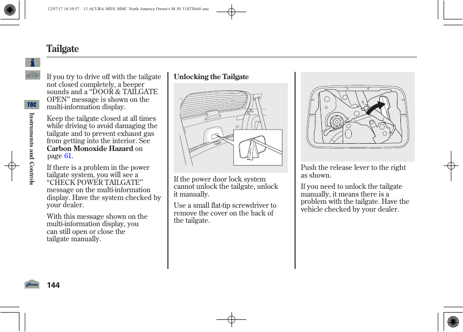 Tailgate | Acura 2013 MDX User Manual | Page 149 / 616