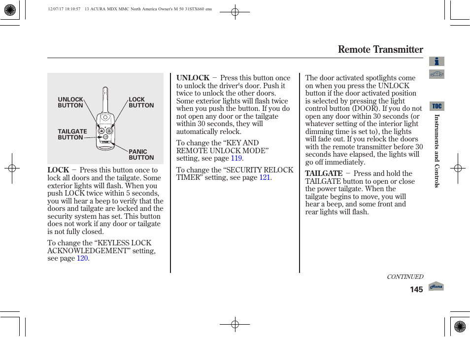 Remote transmitter | Acura 2013 MDX User Manual | Page 150 / 616