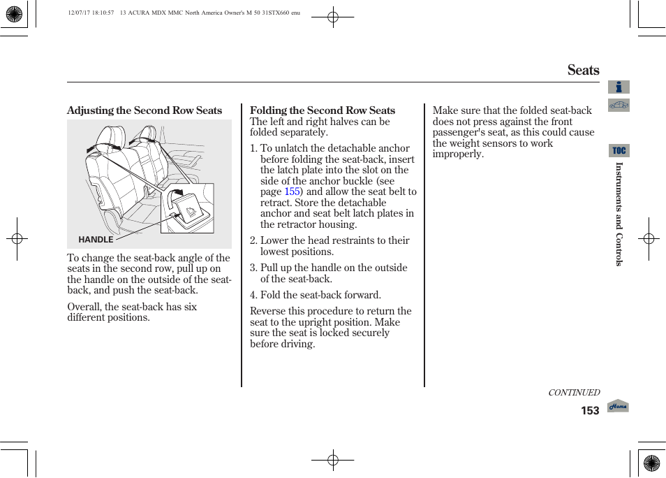 Seats | Acura 2013 MDX User Manual | Page 158 / 616