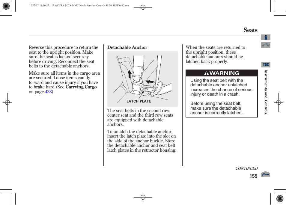 Seats | Acura 2013 MDX User Manual | Page 160 / 616