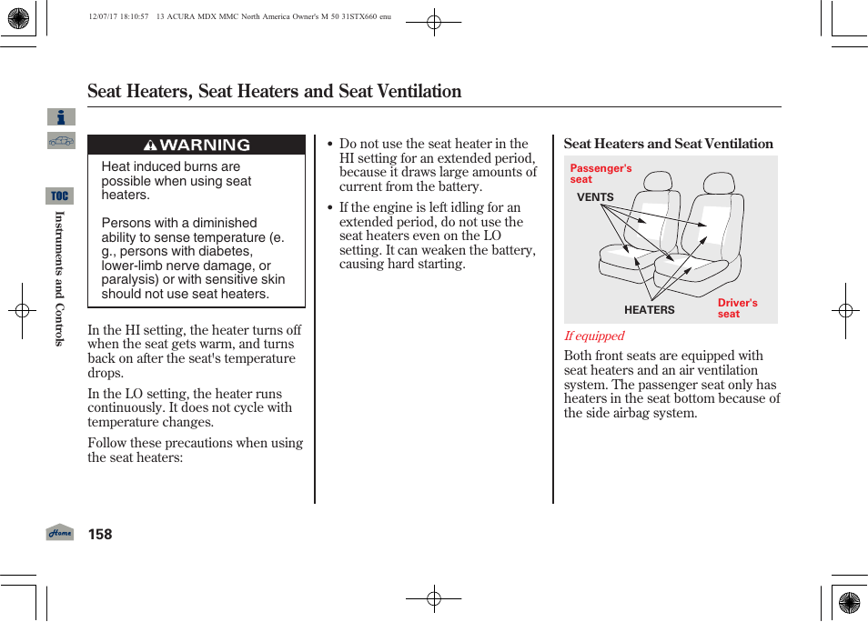 Seat heaters, seat heaters and seat ventilation | Acura 2013 MDX User Manual | Page 163 / 616