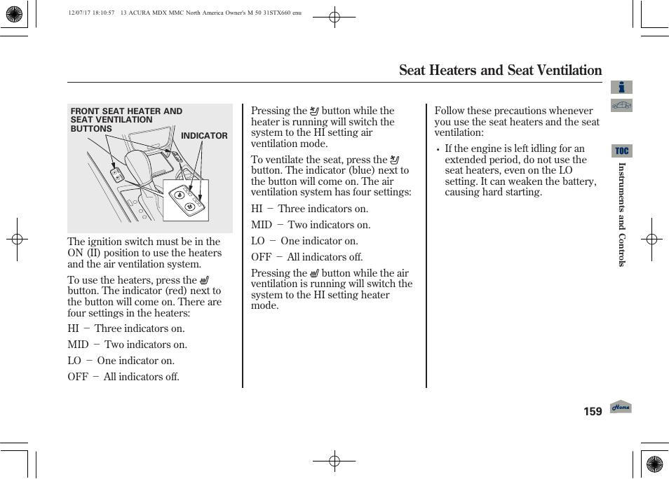 Seat heaters and seat ventilation | Acura 2013 MDX User Manual | Page 164 / 616