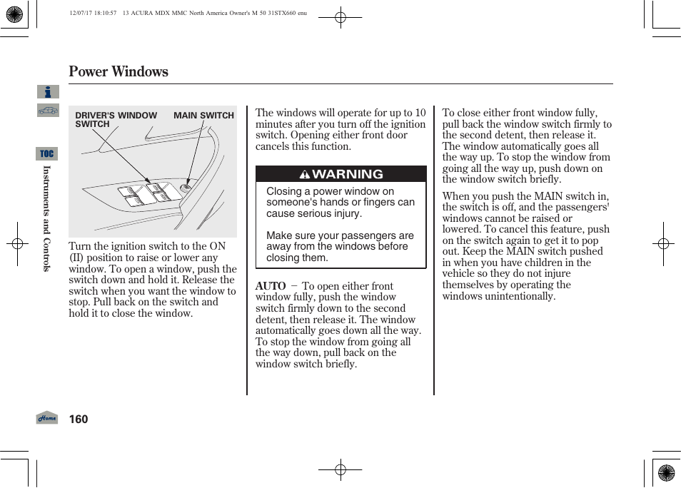 Power windows | Acura 2013 MDX User Manual | Page 165 / 616