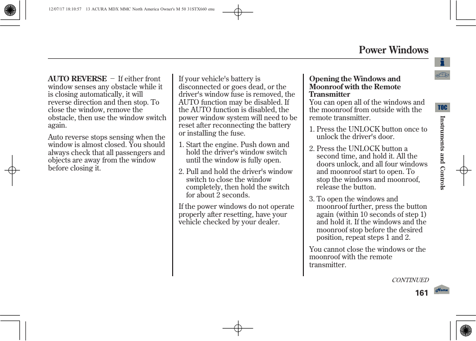 Power windows | Acura 2013 MDX User Manual | Page 166 / 616