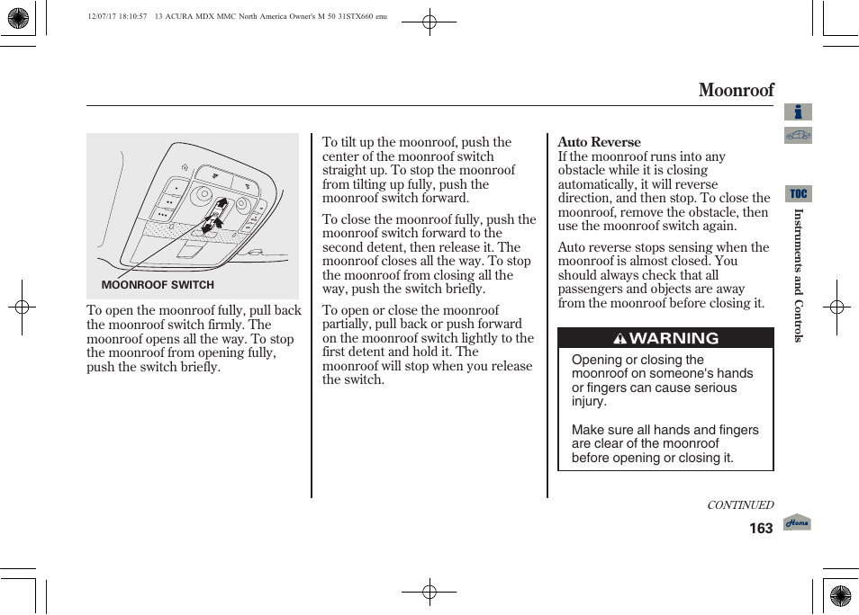 Moonroof | Acura 2013 MDX User Manual | Page 168 / 616