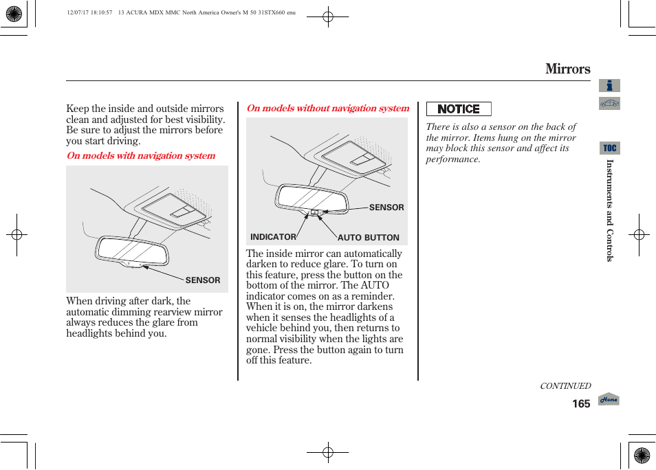 Mirrors | Acura 2013 MDX User Manual | Page 170 / 616