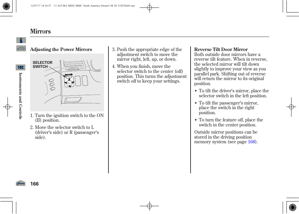 Mirrors | Acura 2013 MDX User Manual | Page 171 / 616