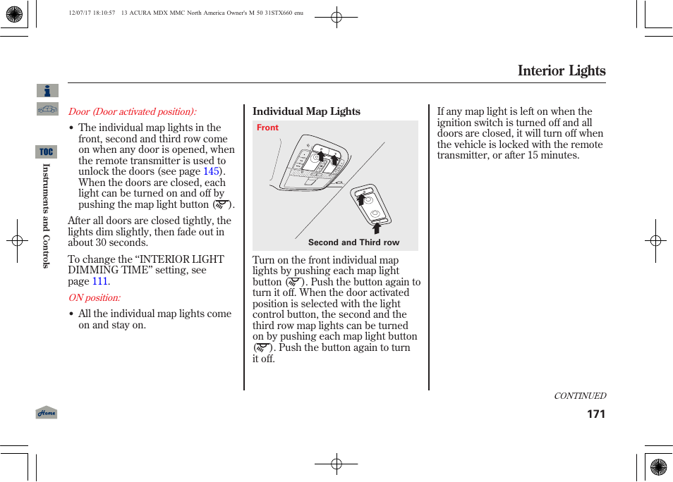 Interior lights | Acura 2013 MDX User Manual | Page 176 / 616