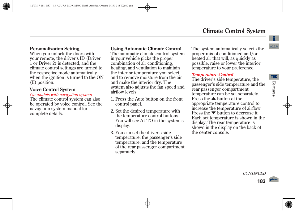 Climate control system | Acura 2013 MDX User Manual | Page 188 / 616