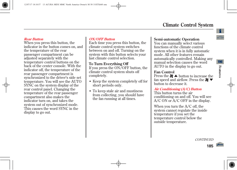 Climate control system | Acura 2013 MDX User Manual | Page 190 / 616