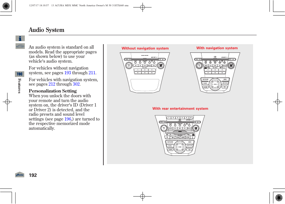 Audio system | Acura 2013 MDX User Manual | Page 197 / 616