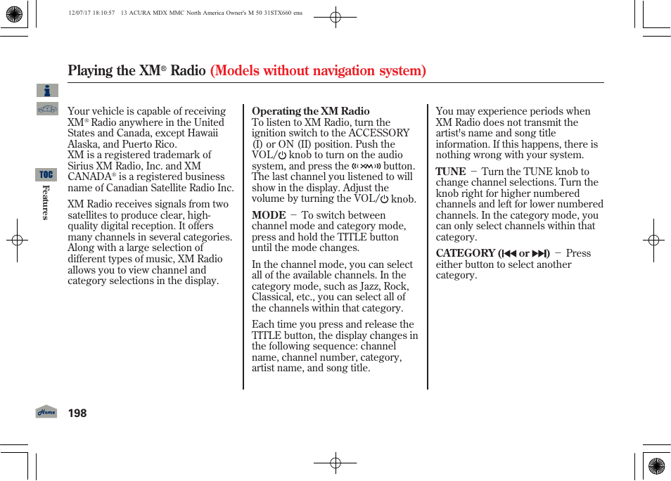 Playing the xm, Radio (models without navigation system) | Acura 2013 MDX User Manual | Page 203 / 616