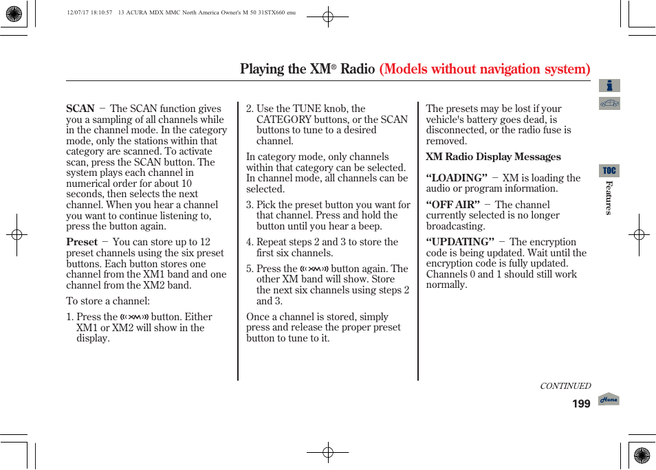 Playing the xm, Radio (models without navigation system) | Acura 2013 MDX User Manual | Page 204 / 616