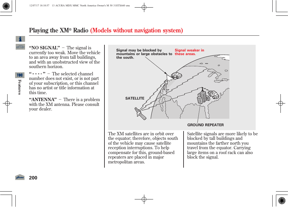 Playing the xm, Radio (models without navigation system) | Acura 2013 MDX User Manual | Page 205 / 616