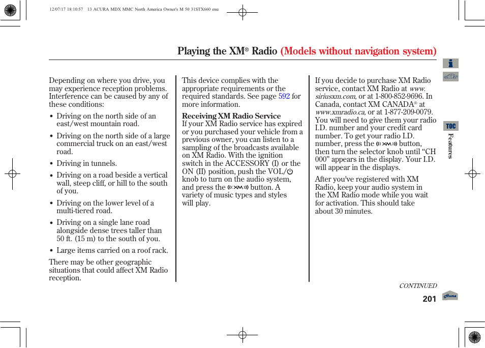 Playing the xm, Radio (models without navigation system) | Acura 2013 MDX User Manual | Page 206 / 616