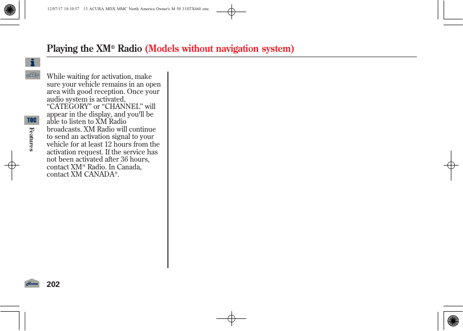 Playing the xm, Radio (models without navigation system) | Acura 2013 MDX User Manual | Page 207 / 616