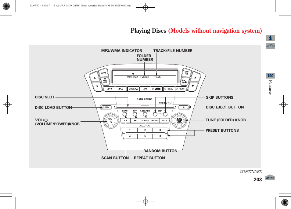 Playing discs (models without navigation system) | Acura 2013 MDX User Manual | Page 208 / 616