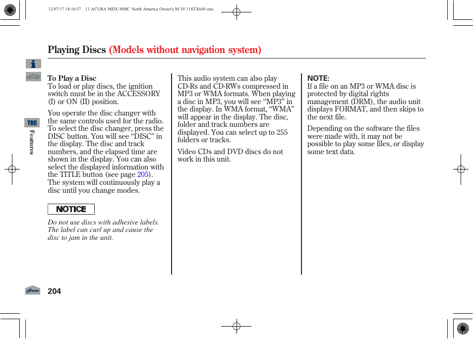Playing discs (models without navigation system) | Acura 2013 MDX User Manual | Page 209 / 616