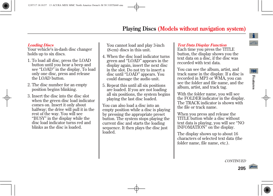 Playing discs (models without navigation system) | Acura 2013 MDX User Manual | Page 210 / 616