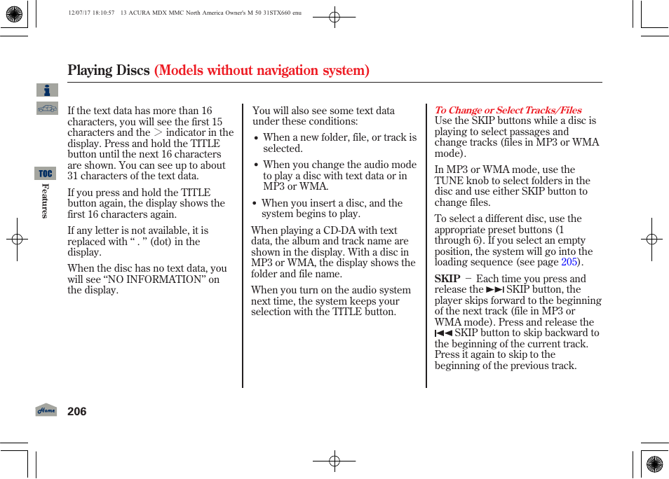 Playing discs (models without navigation system) | Acura 2013 MDX User Manual | Page 211 / 616