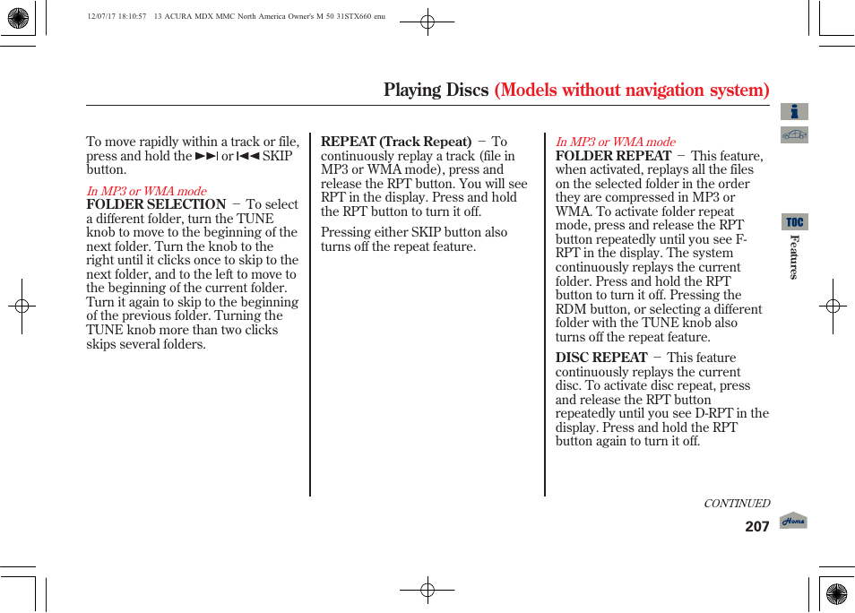 Playing discs (models without navigation system) | Acura 2013 MDX User Manual | Page 212 / 616