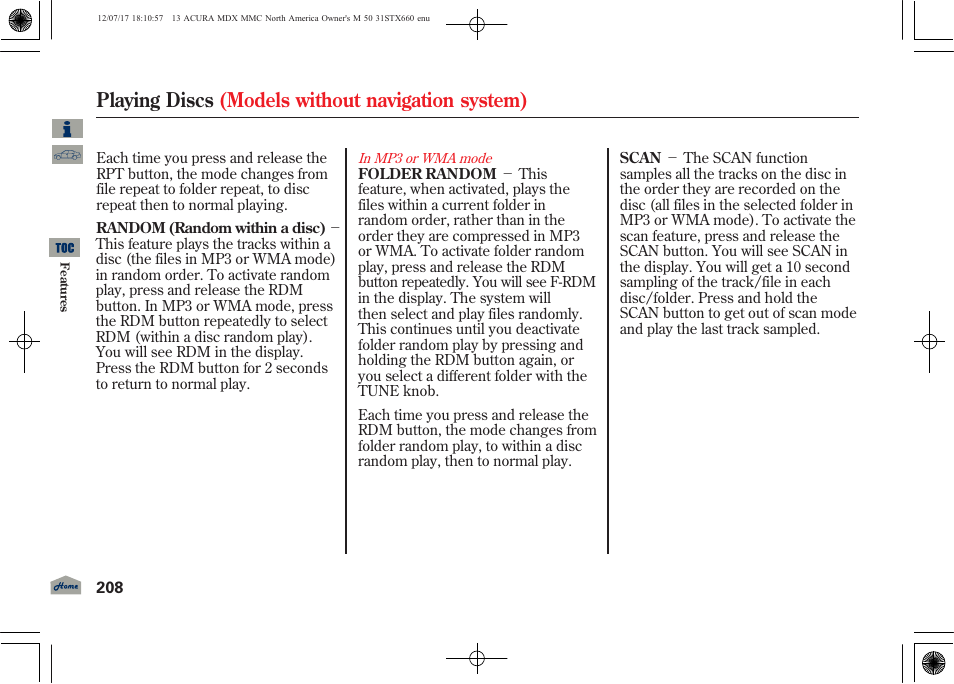 Playing discs (models without navigation system) | Acura 2013 MDX User Manual | Page 213 / 616