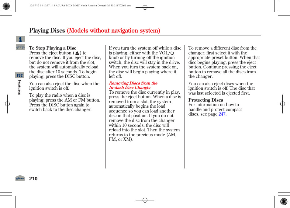 Playing discs (models without navigation system) | Acura 2013 MDX User Manual | Page 215 / 616