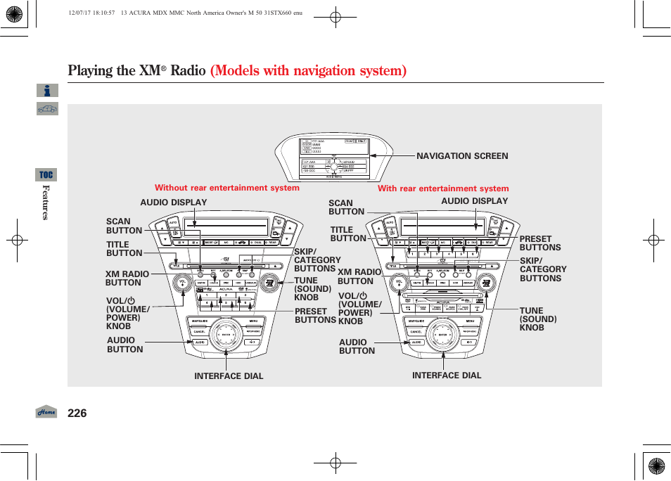 Playing the xm, Radio (models with navigation system) | Acura 2013 MDX User Manual | Page 231 / 616