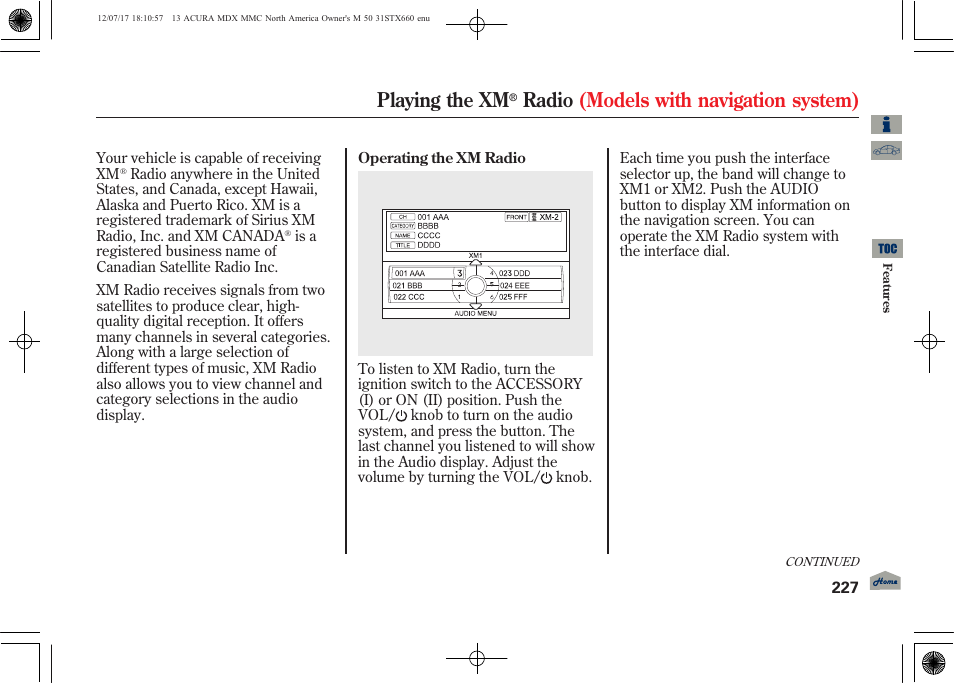 Playing the xm, Radio (models with navigation system) | Acura 2013 MDX User Manual | Page 232 / 616