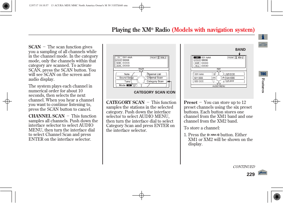 Playing the xm, Radio (models with navigation system) | Acura 2013 MDX User Manual | Page 234 / 616