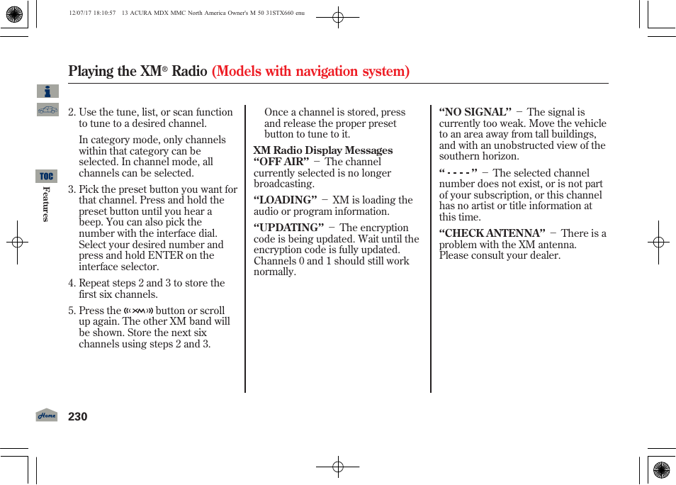 Playing the xm, Radio (models with navigation system) | Acura 2013 MDX User Manual | Page 235 / 616