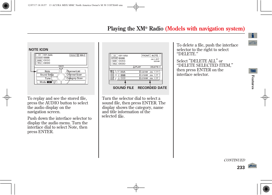 Playing the xm, Radio (models with navigation system) | Acura 2013 MDX User Manual | Page 238 / 616