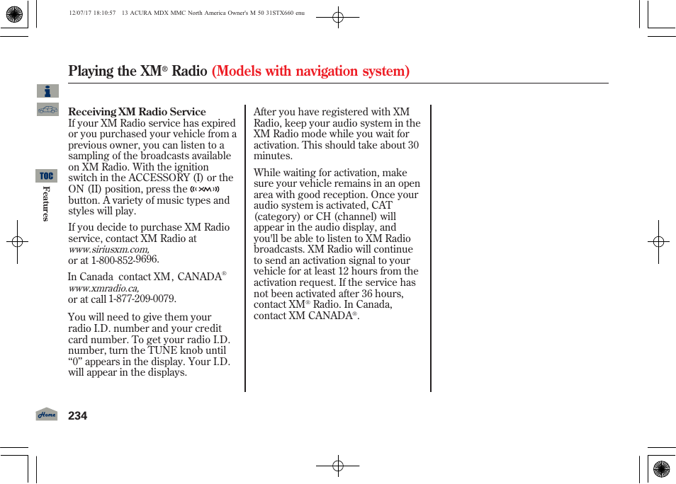 Playing the xm, Radio (models with navigation system) | Acura 2013 MDX User Manual | Page 239 / 616