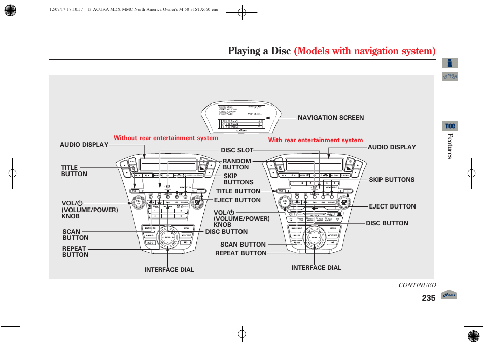 Playing a disc (models with navigation system) | Acura 2013 MDX User Manual | Page 240 / 616