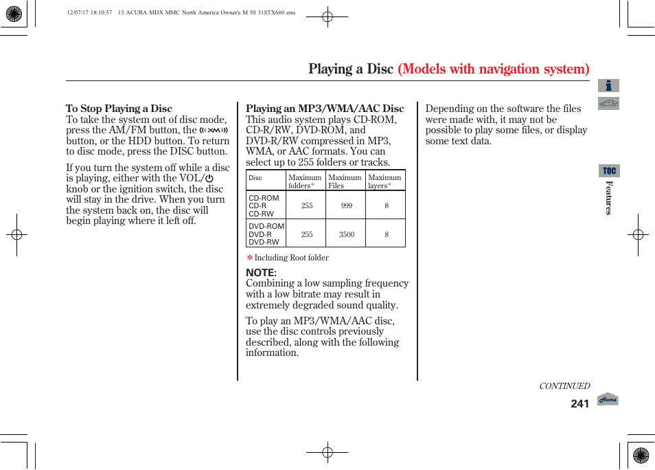 Playing a disc (models with navigation system), 2013 mdx | Acura 2013 MDX User Manual | Page 246 / 616