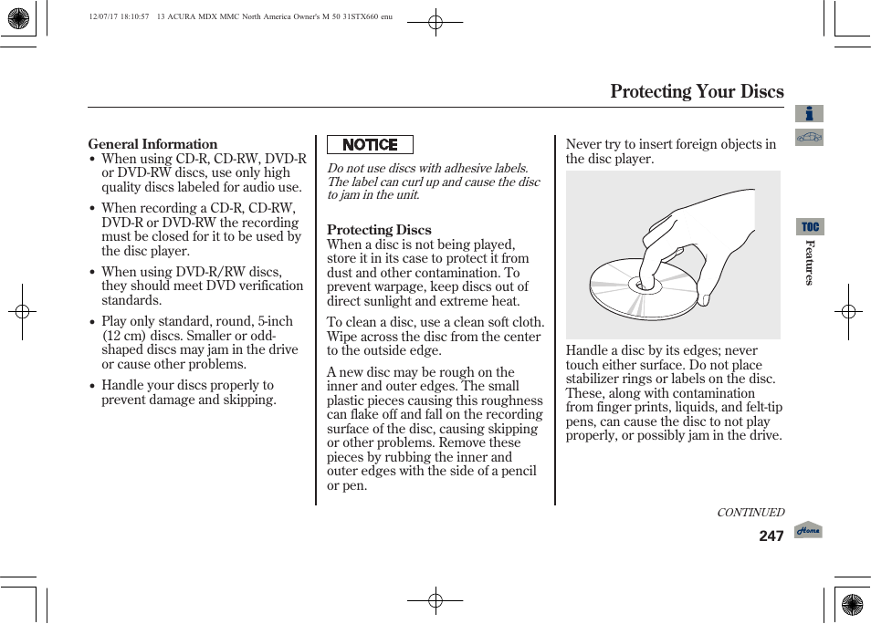 Protecting your discs, 2013 mdx | Acura 2013 MDX User Manual | Page 252 / 616