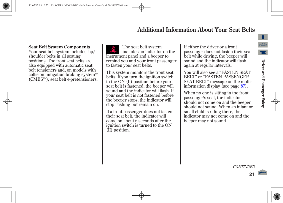 Additional information about your seat belts | Acura 2013 MDX User Manual | Page 26 / 616