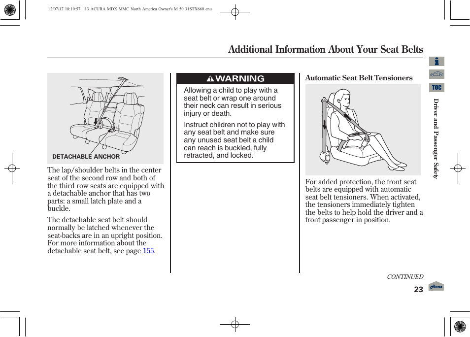 Additional information about your seat belts | Acura 2013 MDX User Manual | Page 28 / 616